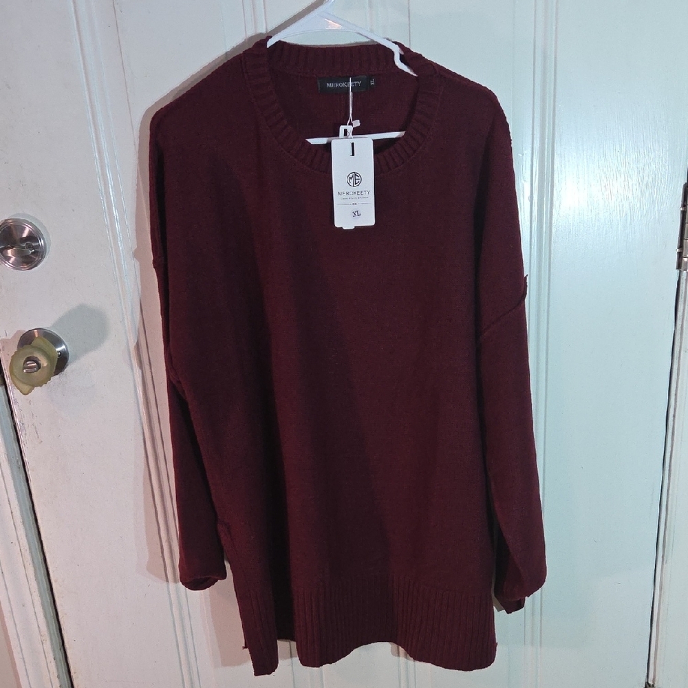Merokeety Burgandy Crew Neck Sweater Soft and Versatile